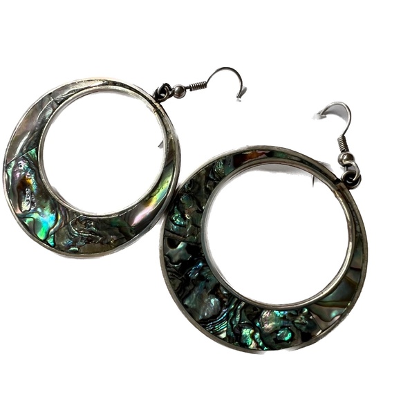 Alpaca Hoop Earrings Silver Tone Mexico Boho Pierced Hooks 1 3/4" Drop - Picture 2 of 5